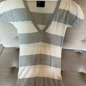 American Eagle gray and off white striped lightweight short sleeved sweater.